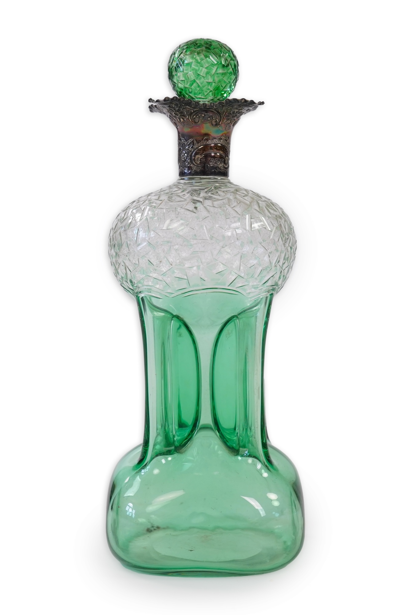 Attributed to Stevens and Williams of Stourbridge, a green flashed and cut pinched glass decanter